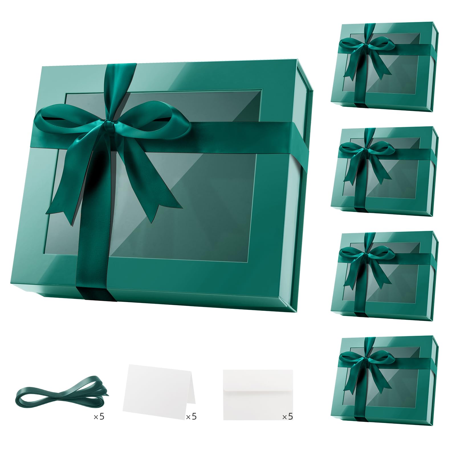 PACKQUEEN 5 Extra Large Green Gift Boxes with Windows, 16.3x14.2x5 Inches Clear Gift Boxes for Presents Contain Ribbons, Cards, Groomsmen Proposal Boxes Magnetic Lids (Glossy Green)