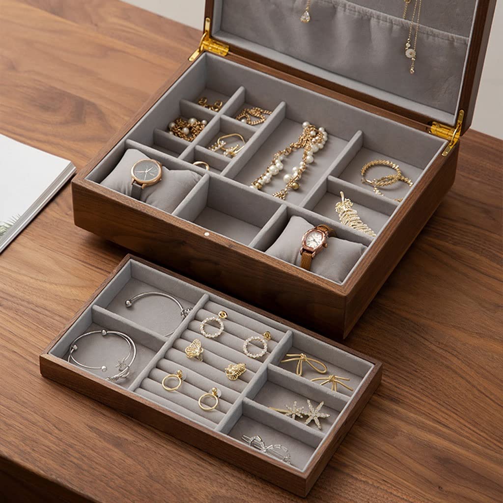 Organizador de joyas Estuche para joyas Caja de almacenamiento de joyas de 11,81 pulgadas Caja de joyería pequeña Caja de nogal negro Se puede almacenar Anillo de exhibición Pulsera Collar Pendie