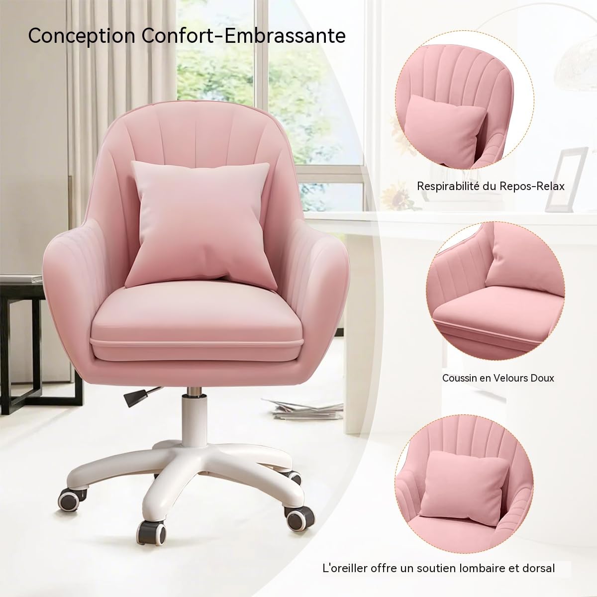Chaise de Bureau pour la Maison Chaise de Dressing en Velours Chaise de Maquillage Mignonne avec roulettes Chaise d'ordinateur réglable en Hauteur