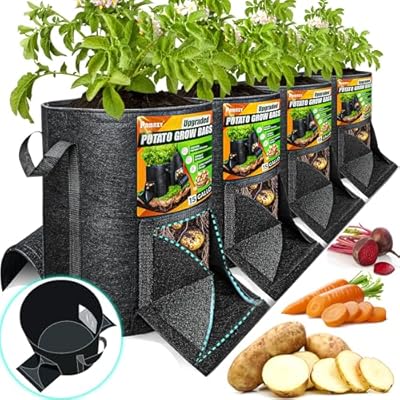 [Upgraded] 4Pcs 15 Gallon Potato Grow Bags with Unique Harvest Window & Visible Window, Non-Woven Planter Pot with Sturdy Handle, Potato Growing Container, Plant Garden Bags to Grow Vegetables, Tomato