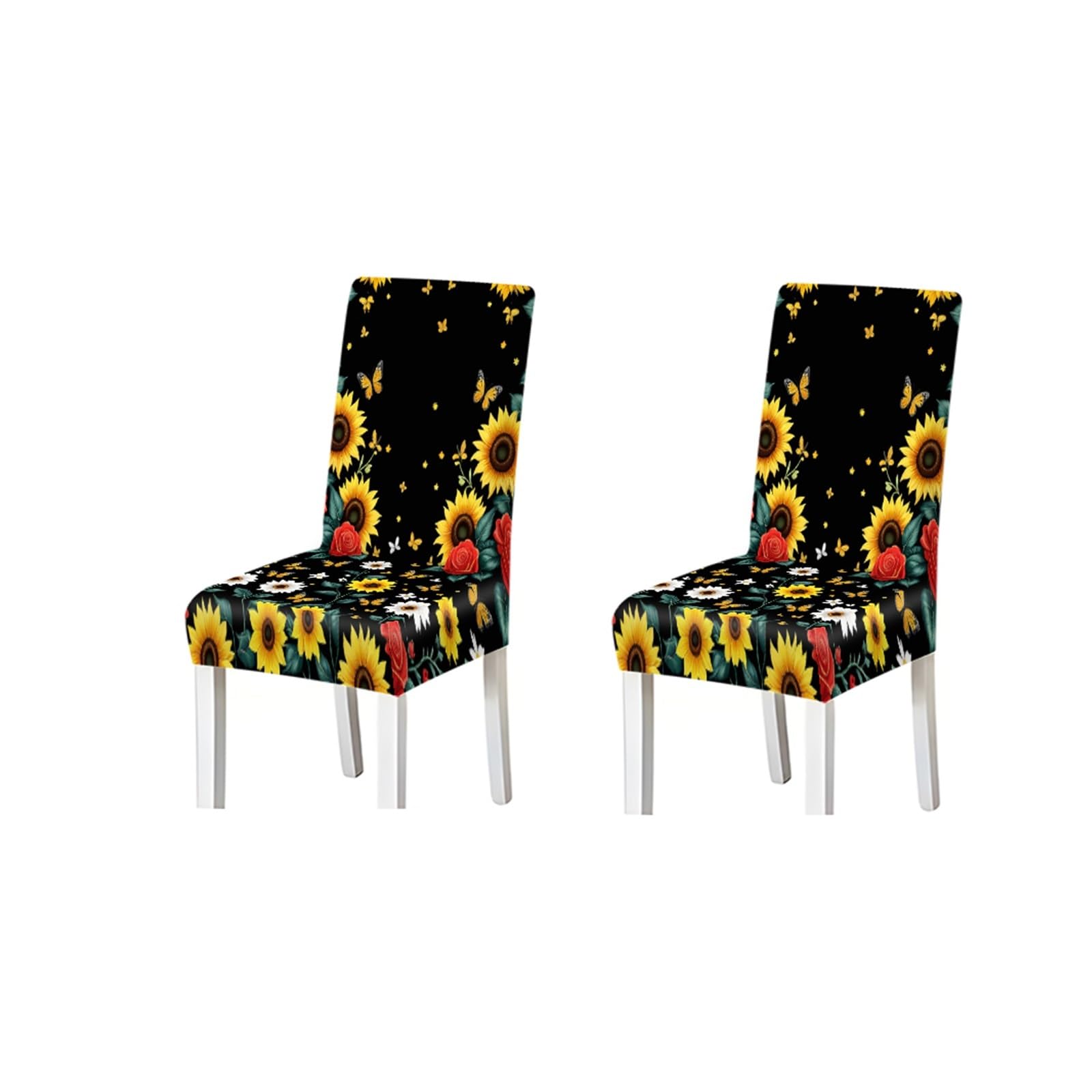 BOSUYBN Sunflower Butterfly Chair Covers Set Of 2/4/6, Stretch Dining Chair Slipcovers, Farmhouse Floral Home Decor Furniture Protectors for Home Dining Room(2PCS Chair cover)