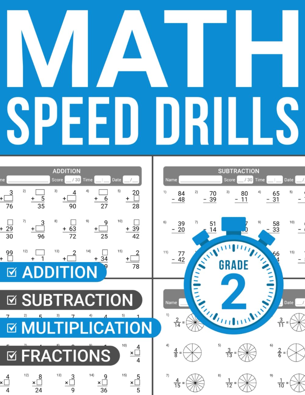 Math Speed Drills 2nd Grade: Addition, Subtraction, Multiplication, and Fractions Exercises for Kids Ages 7-9