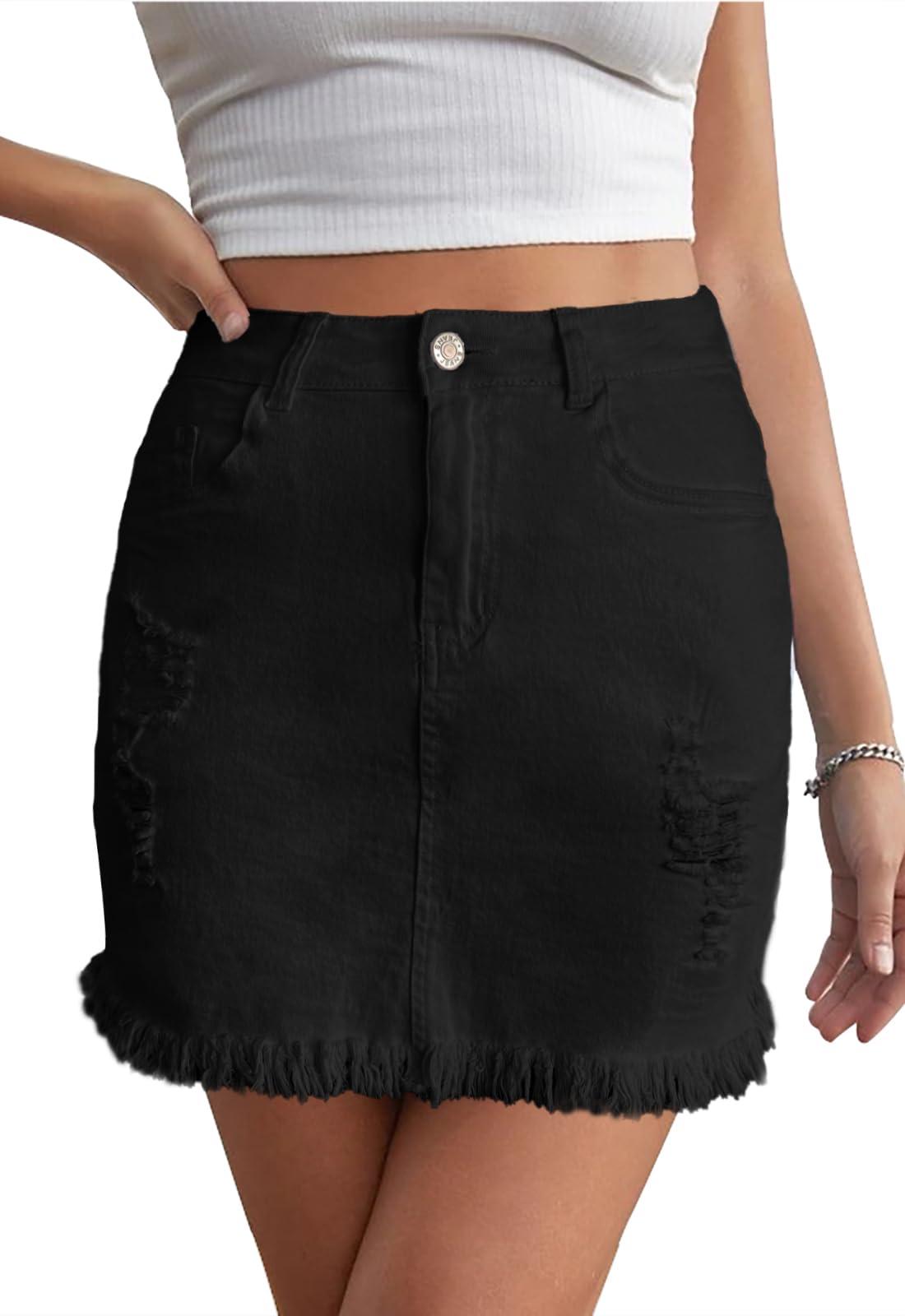 JayscreateEU Jupe d'été pour femme - Jupe moulante - Avec poche - Jupe trapèze - Avec ourlet de poche - Avec franges - Noir - S