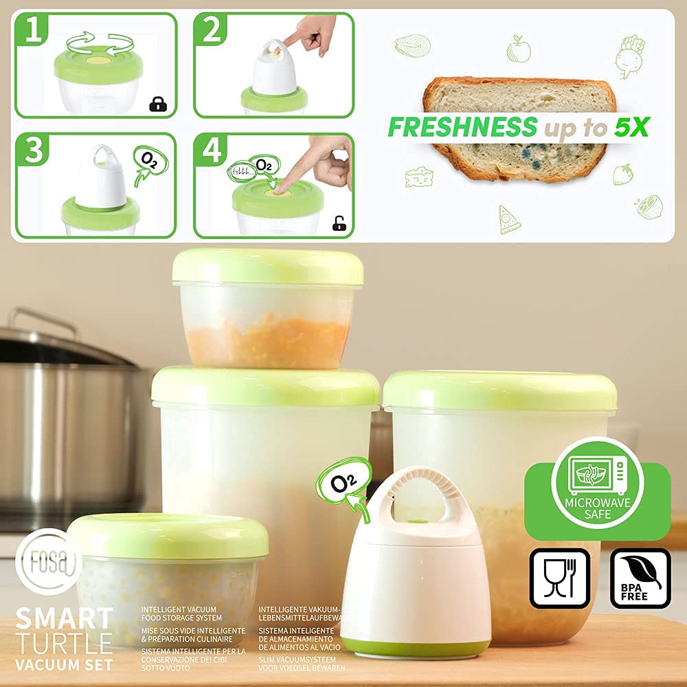 FOSA 4 x Recipientes para envasar al vacío + envasadora para vacío, Apto para Microondas y Lavavajillas, Recipientes redondos para Alimentos - Material libre de BPA