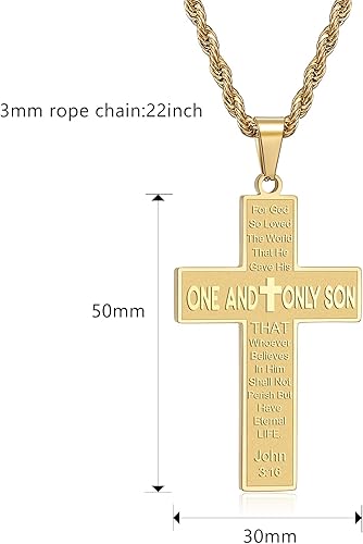 Miniatura 5 de Collar de cruz con versículo bíblico para hombre, collar de cadena de cuerda con colgante de cruz de acero inoxidable, regalos para niños