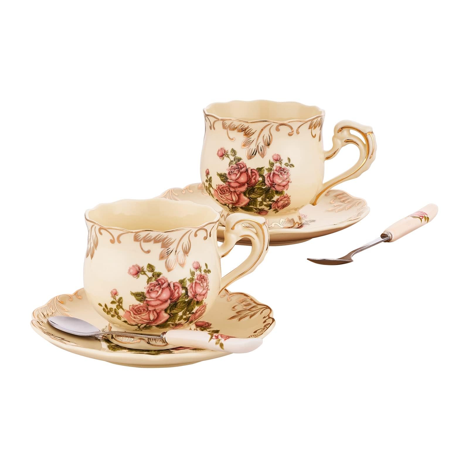 Tea Cups and Saucers Set of 2, 8 Oz Ivory Rose Floral Porcelain Teacup and Saucer Set with Spoon, Vintage Tea Cups with Gold Trim, European Style (Pink Rose)