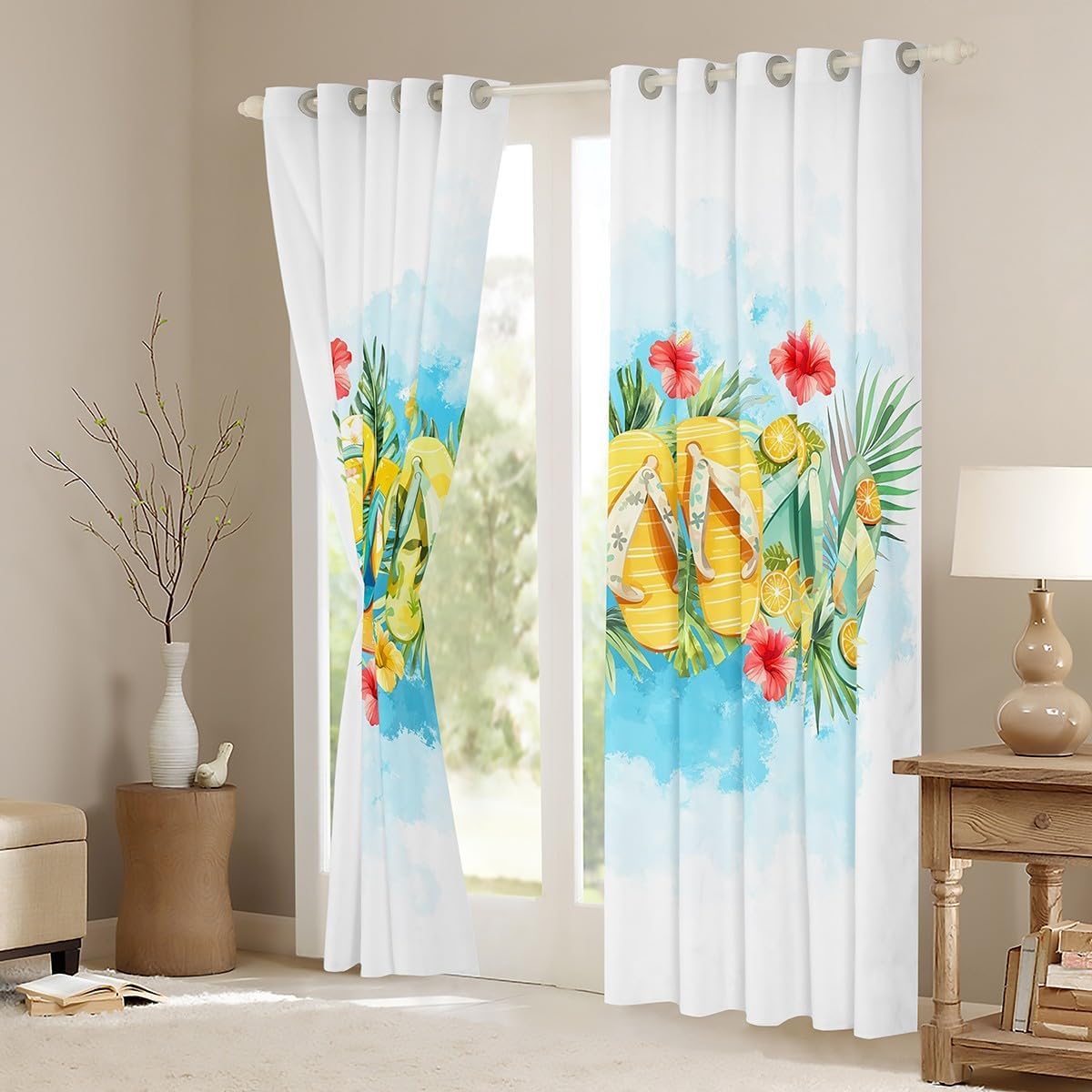 Erosebridal 38"x45" Tropical Curtain,Summer Hawaiian 100% Blackout Window Curtain Kids Boys Girls,Flip Flops Palm Tree Leaves Floral Window Treatments,Abstract Watercolor Sea Wave Curtains Drapes