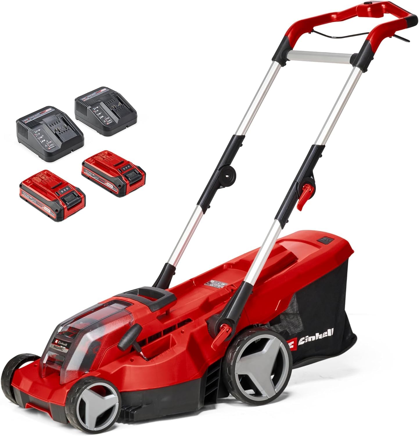 Einhell Tagliaerba a batteria RASARRO 36/36 Kit Power X-Change (36 V, largh. di taglio 36 cm, fino a 400 m², vano 45 l, alt. di taglio 25-75 mm, incl. 2 batterie 3,0 Ah Plus + 2 caricabatteria)