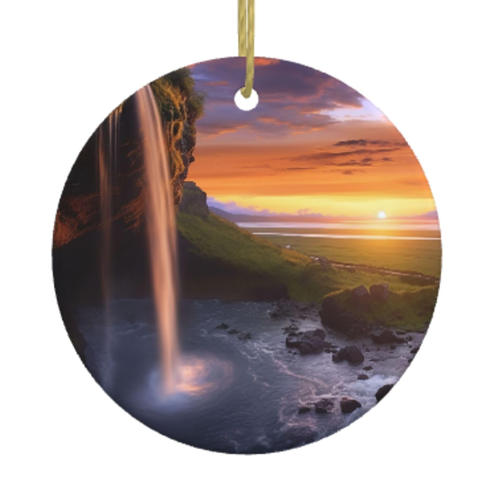 Ceramic Christmas Tree Hanging Ornaments with Gold Ropes Christmas Tree Decorations Round Ceramic Waterfall at Sunset Pendant Keepsake Decorations for Holiday Xmas Gift Ideas