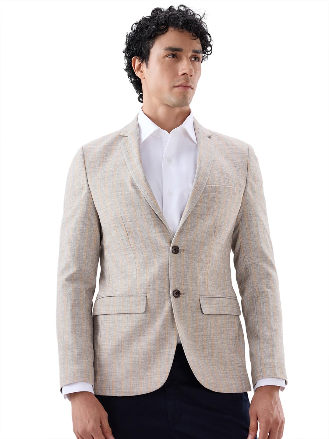 Men Neo Fit Stripe Pattern Terylene Rayon Spandex Blend Notch Lapel Full Sleeve Formal Blazer-image-49