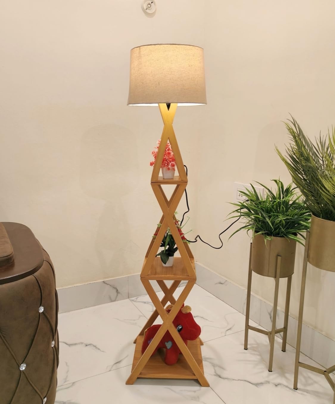 Nikhat Instruments Wooden Italian Wooden Crafter Standard Size Floor Lamp New Cross Design with Khadi Lamp Shade, Bulb and Holder, Pack of 1-picture-25