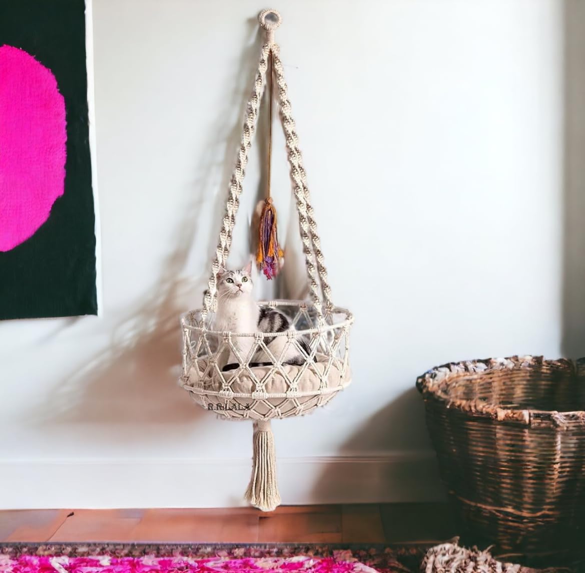 R.R.LALA Cat Hammock for Pets, Macramé pet Bed, Boho Hanging Pet Bed, Macramé Hammock Swing, Cat Gift, Pet Furniture Pet Hammock Without Any Pillow Color: Off White