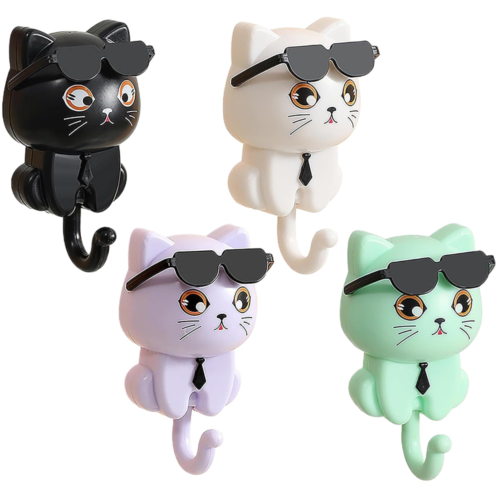 4Pcs Cute Wall Hooks Self-Adhesive Cat Key Holder Heavy Duty ABS Plastic Cat Wearing Sunglasses Cute Key Holder for Coat Bag Hat Towel Wall Hanging Decorations Cute Key Holder Cat Hooks Cute Key Holde