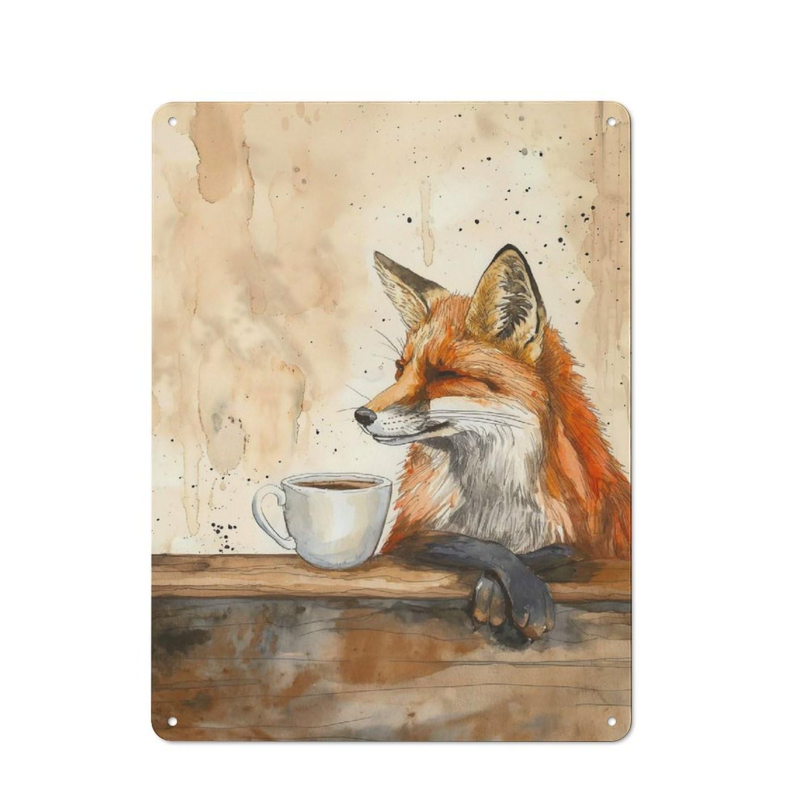 Understated Office Metal Sign 40x30cm Featuring Fox with Coffee, Studio Wall Plaque for Office, Study, Studio Or Hallway