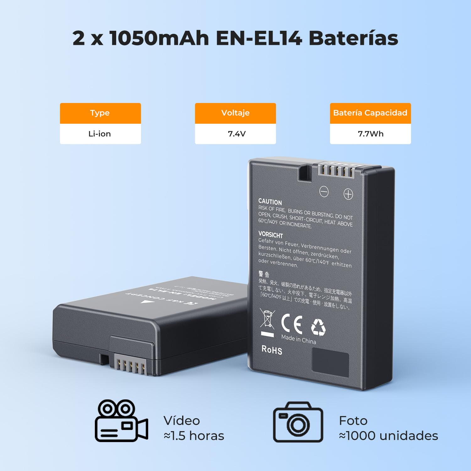 K&F CONCEPT EN-EL14 2 Pack Batería y Cargador de Cámara 1050mAh Compatible con Nikon D3500 D5600 D3200 D3300 D3400 D5500 Coolpix P7800 P7700 P7200 P7100 P7000