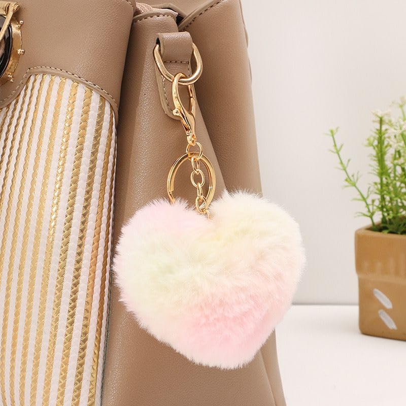 Love Heart Faux Fur Pom Pom Key Chains Bag Accessory Fluffy Puffball Keyring Backpack Charms for Women Girls3