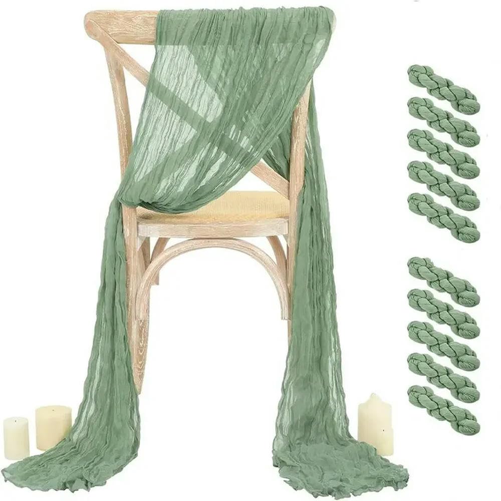 XDMING 10pcs Sage Green Cheesecloth Chair Sashes 40X275CM Bow Cover Chair Sashes for Wedding Party Banquets Restaurant Aisle Decoration