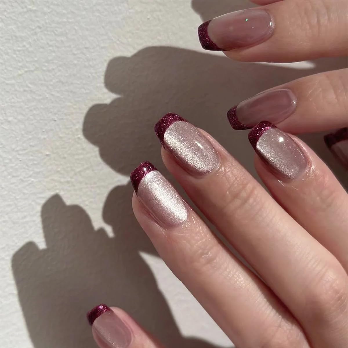 24 Pcs Glossy Nude French Tip Press On Nails with Burgundy Glitter Edge | Reusable Fake Nails Kit with Glue | Long Square Artificial Nails for Women-image-30