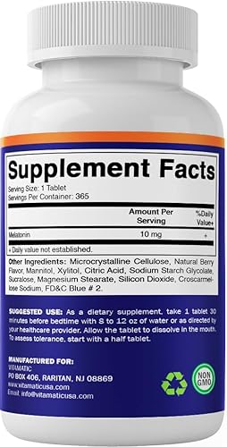 Miniatura 8 de Vitamatic Tabletas de melatonina de 10 mg  Vegetariano, sin OMG, sin gluten  Suministro de 1 año  Sabor natural a bayas - 365 tabletas