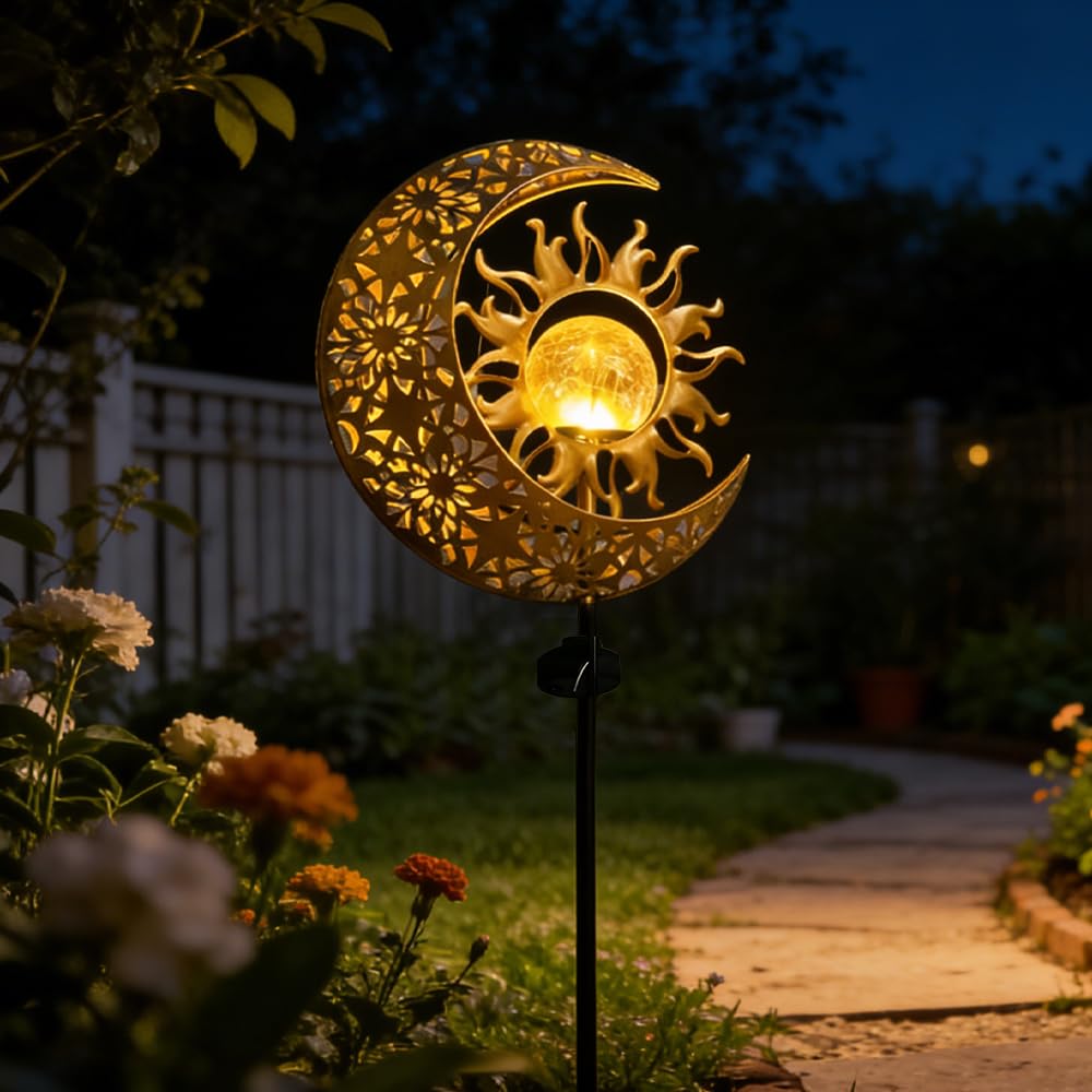 Solar Lights Outdoor Garden, Garden Solar Lights Outdoor Waterproof Sun and Moon, Garden Ornaments Outdoor for Pathway, Yard, Patio Decoration, Fence, Pathway Lighting Wireless Dusk to Dawn Led Lamp