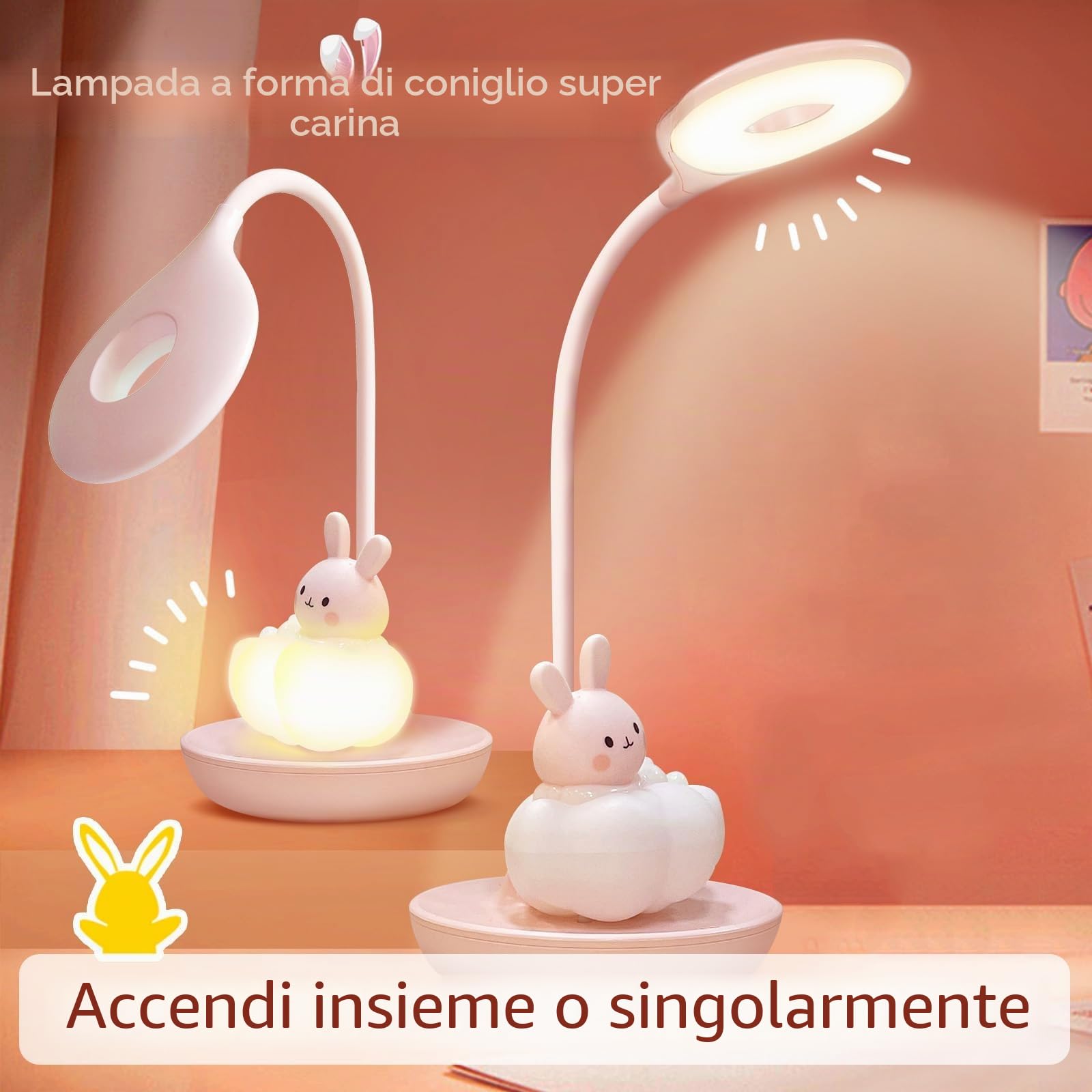 Lampada da Scrivania Bambina, Led Lampada da Tavolo 5 Luminosità 3 Modalità, Lampada Lettura Bambini Ricaricabile, Luce da Tavolo Bambini Senza Fili, Lampada da Scrivania Ragazza, Coniglio Rosa