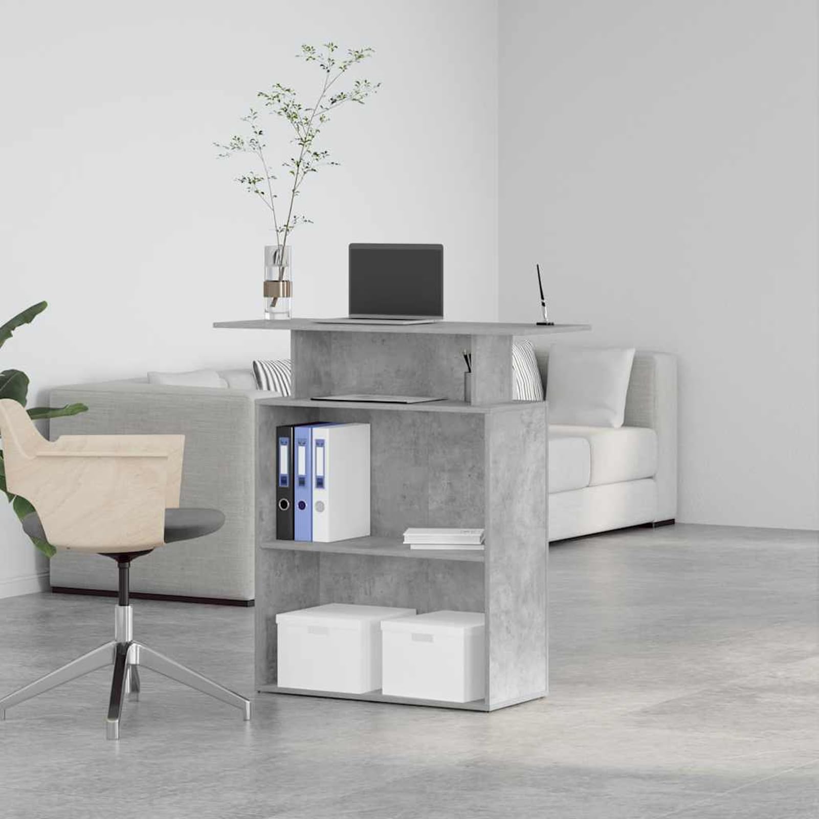 Gecheer Bancone Reception Grigio Cemento, Funzionale con Piano Integrato e Spazio di Archiviazione, 100x40x104 cm, Truciolato, per Uffici Aziendali Hotel Cliniche e Saloni di Bellezza