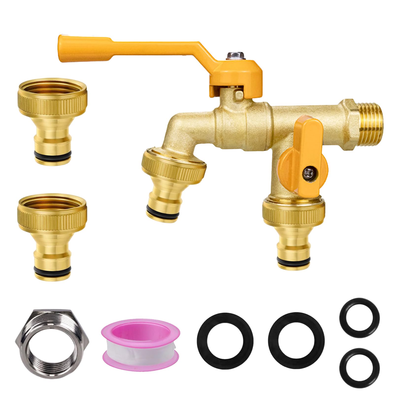 Double Garden Tap, 1/2-inch Garden Tap with Two 3/4-inch Brass Outdoor tap, Dual Ball Valve outlets with Dual Hose connectors, Rust-Proof and Freeze-Proof，Suitable for Gardens and Home Industries