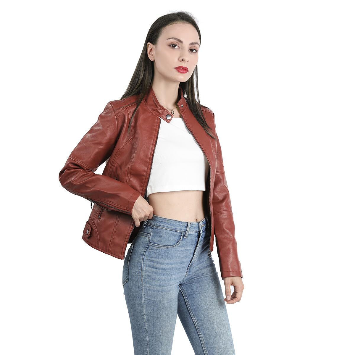 YYNUDA - Chaqueta de piel sintética para mujer, diseño de aviador, moto, cazadora de piel sintética con cremallera, cálida, casual