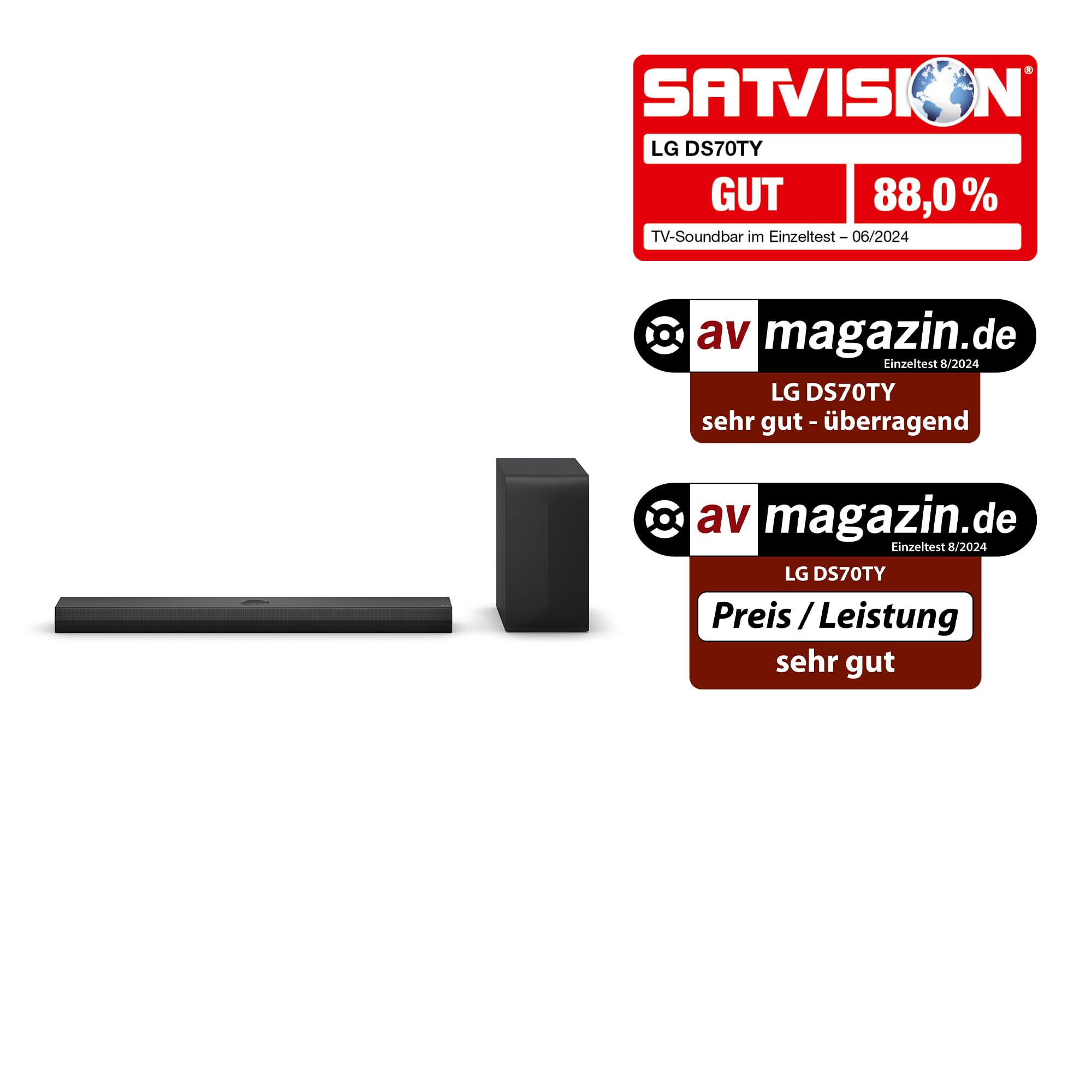 LG DS70TY 3.1.1 Dolby Atmos Soundbar (400W) mit kabellosem Subwoofer (eARC, HDMI, Optisch, Bluetooth) [2024], Schwarz
