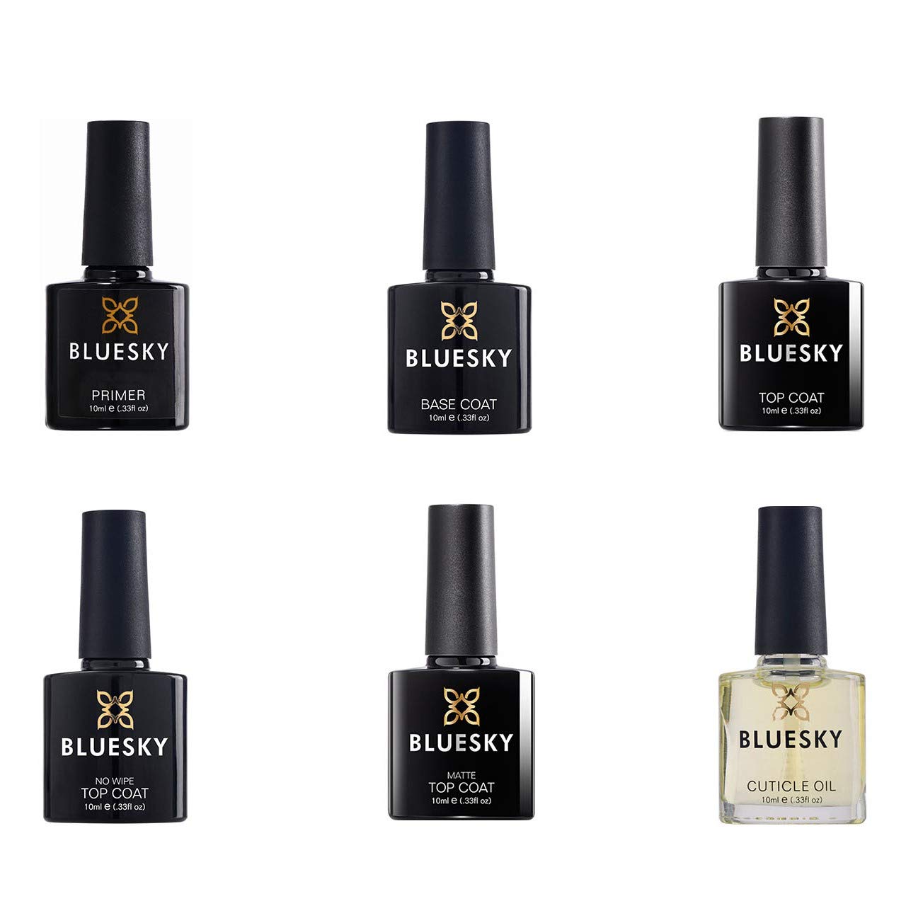 BLUESKY Essentials Top i Base Set, lakier żelowy do paznokci, lakier bazowy, podkład No Wipe, matowy, olejek do skórek paznokci (należy utwardzić pod lampą UV/LED), 10 ml