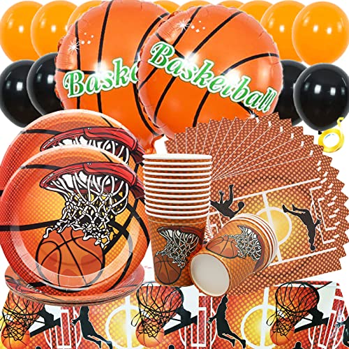 Vajilla de Fiesta de Baloncesto, 66 Piezas Juego de Suministros Fiesta de Baloncesto, Incluye Platos Baloncesto, Tazas, Servilletas, Mantel, Globo, Decoraciones de Fiesta de Cumpleaños de Baloncesto Cover