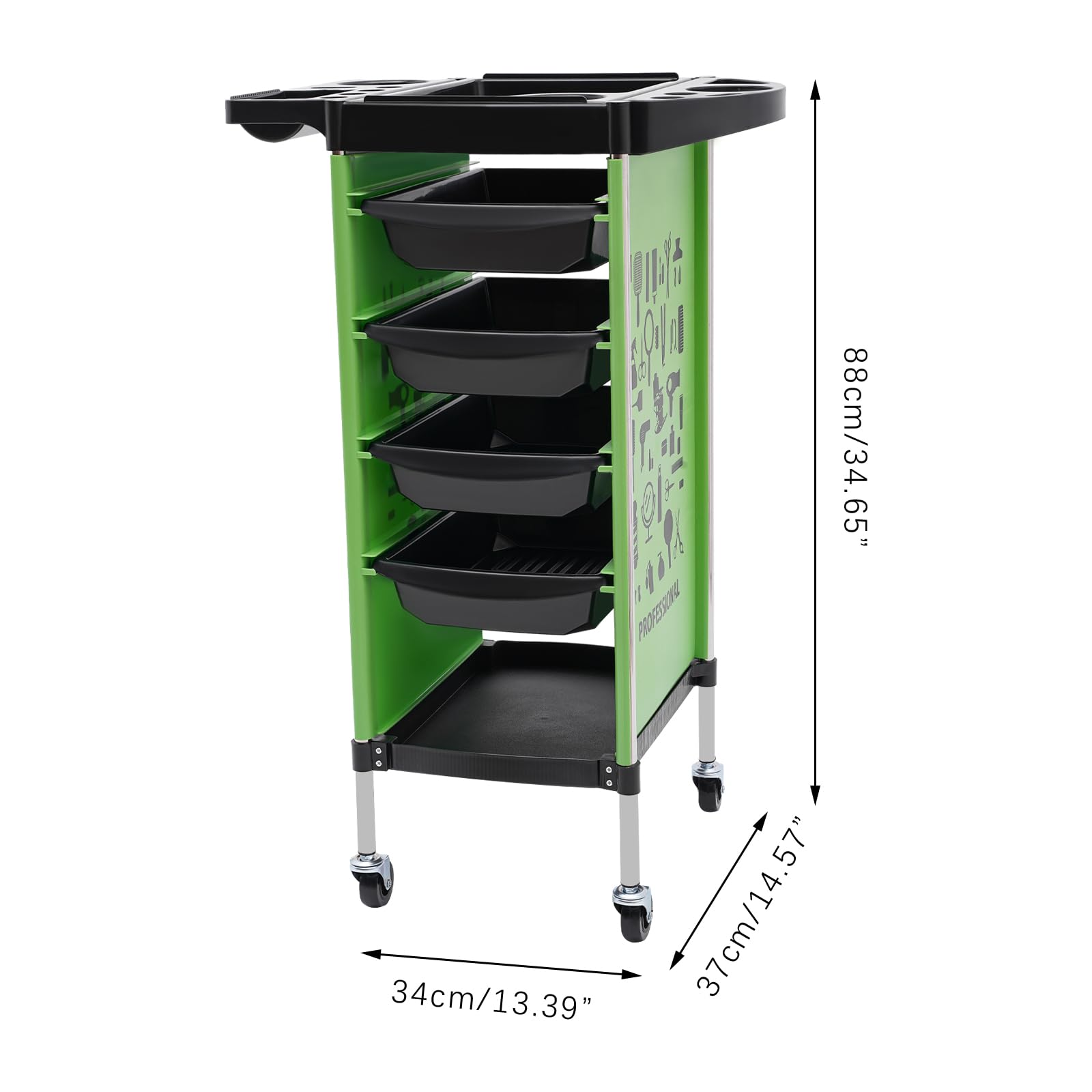 Chariot de coiffeur noir avec tiroirs sur pied rectangulaire pour salon de maquillage