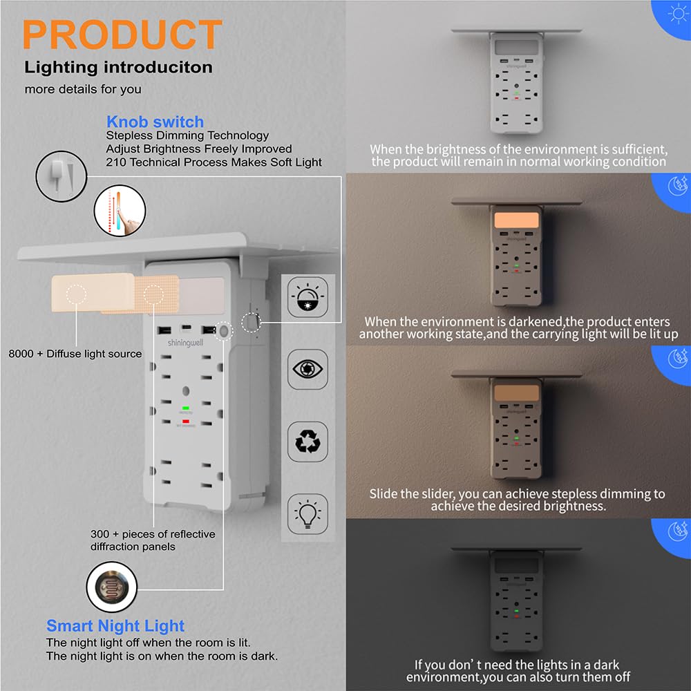 Surge Protector, Multi Plug Outlet, Estensore Presa a Muro con Luce Notturna e Ripiano, Espansore Spina di Alimentazione, (2A +1C), Caricatore da Parete USB, Presa di Alimentazione
