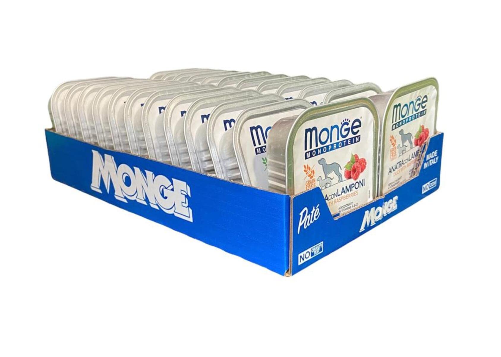 Monge Monoprotein Cibo umido per Cane Anatra con Lamponi, naturalmente senza coloranti, conservanti e zuccheri aggiunti. Confezione da 24 vaschette (1 = 150gr.)