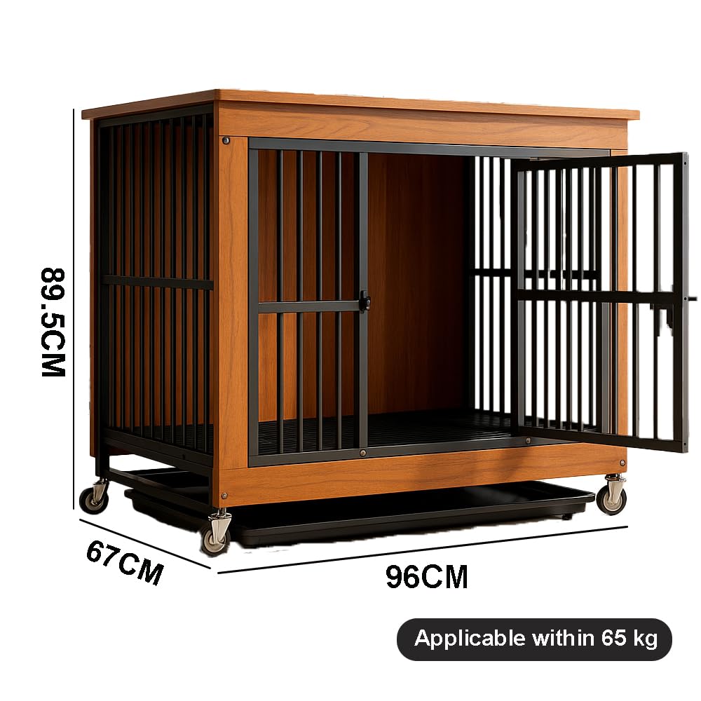 Hundekäfig Möbel für Wohnzimmer, 96×67×89,5cm XL, Hundebox mit 2 Türen, Verstärkte Metallkonstruktion, Kausicher, Hundekäfig für Hunde bis 40kg, Walnuss Holzoptik