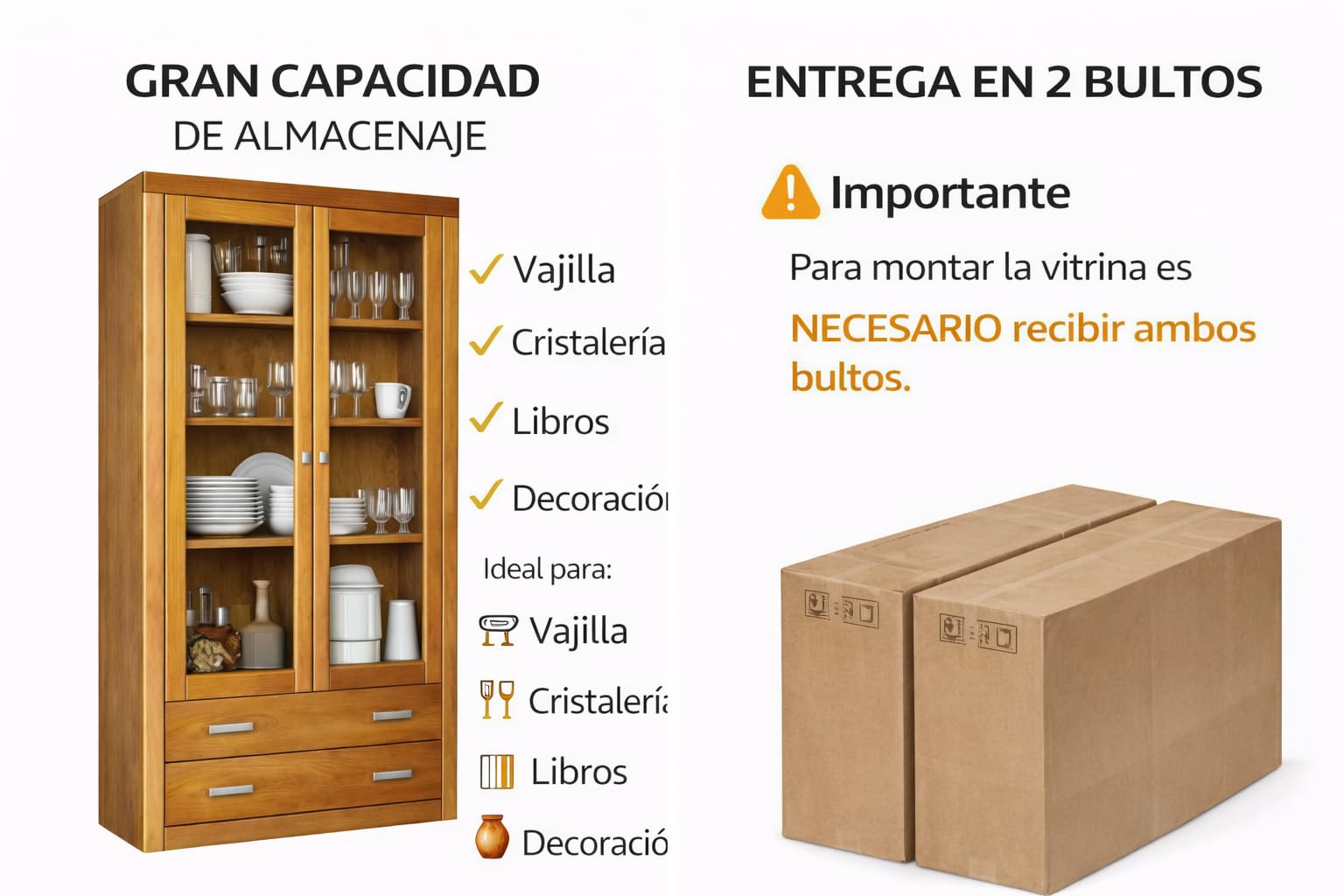 Vitrina 2 Puertas Y Dos cajones, Serie Kalpe. Medidas 200X100X37 (Alto-Ancho-Fondo). Realizada en Madera de Pino Macizo. (Cerezo)