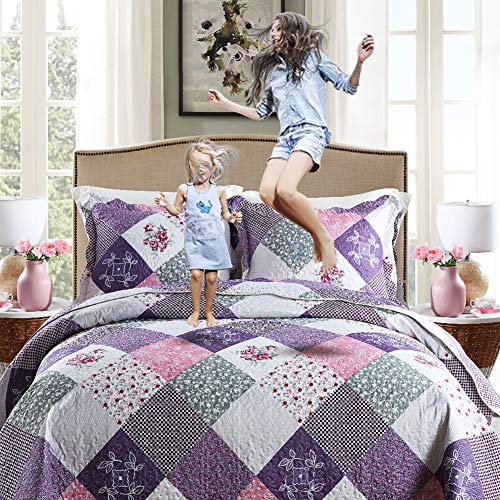 NEWLAKE Quilt Bedspread Sets-Floral Checkered Pattern Reversible Coverlet Set,Queen Size