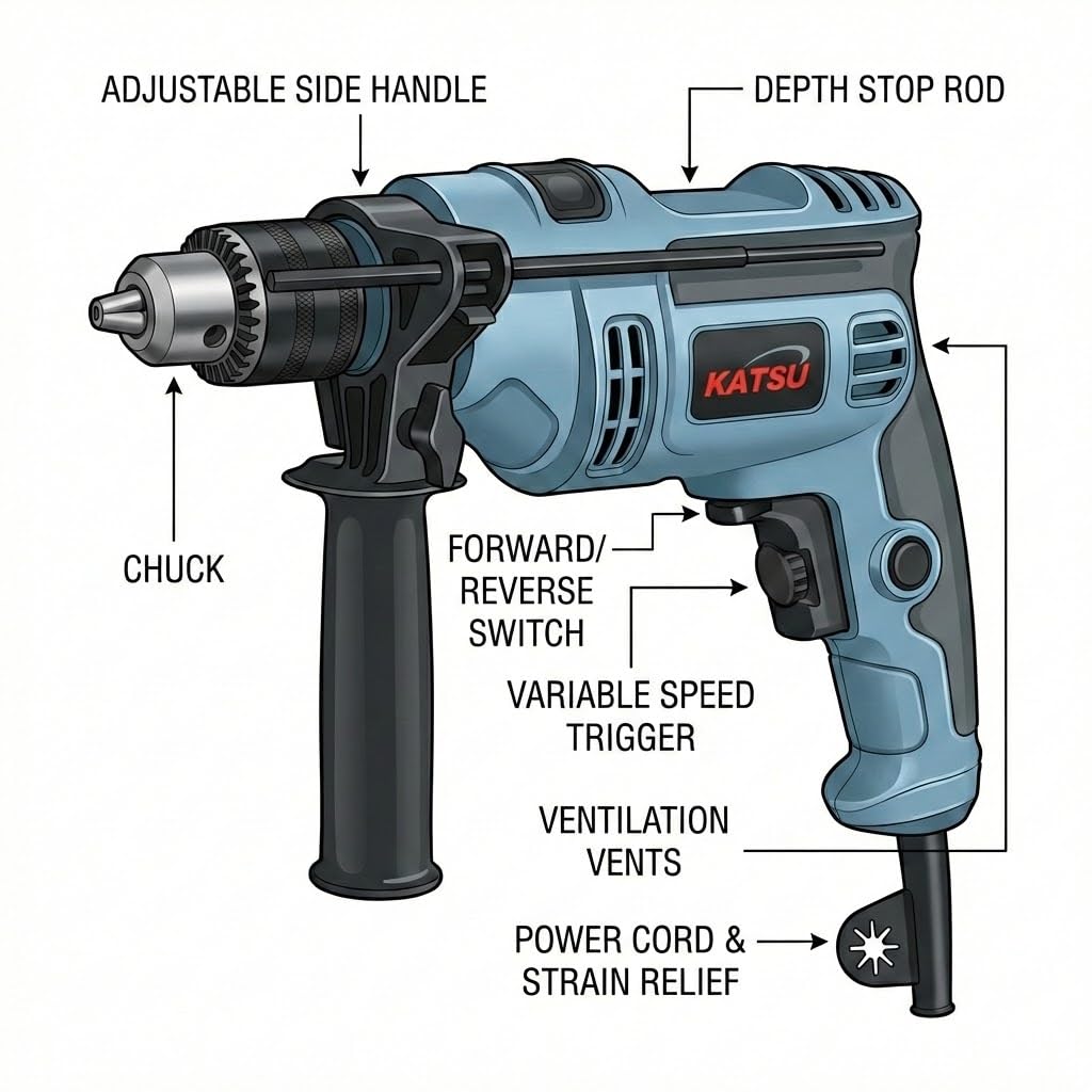 KATSU Electric Impact Drill 500W with 13mm Chuck, Variable Speed and 360° Rotating Handle, for Drilling Wood, Brick, Metal and Concrete (Budget)