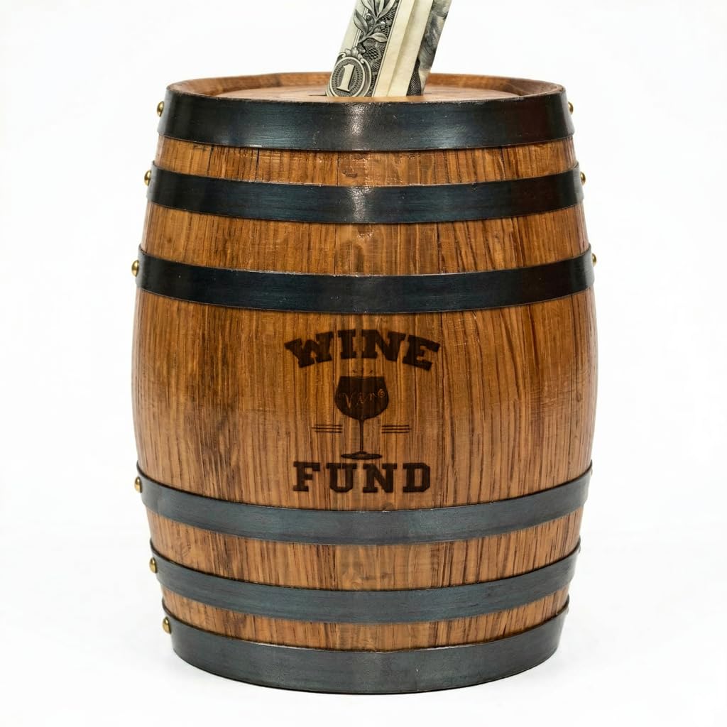 Handmade Wooden Oak Wine Barrel Adult Piggy Bank - Money Saver for Real Cash, Bills & Coins - Large 6.5 x 4.5 x 4.5 with Wine Fund Laser Engraving - Piggy Banks for Adults