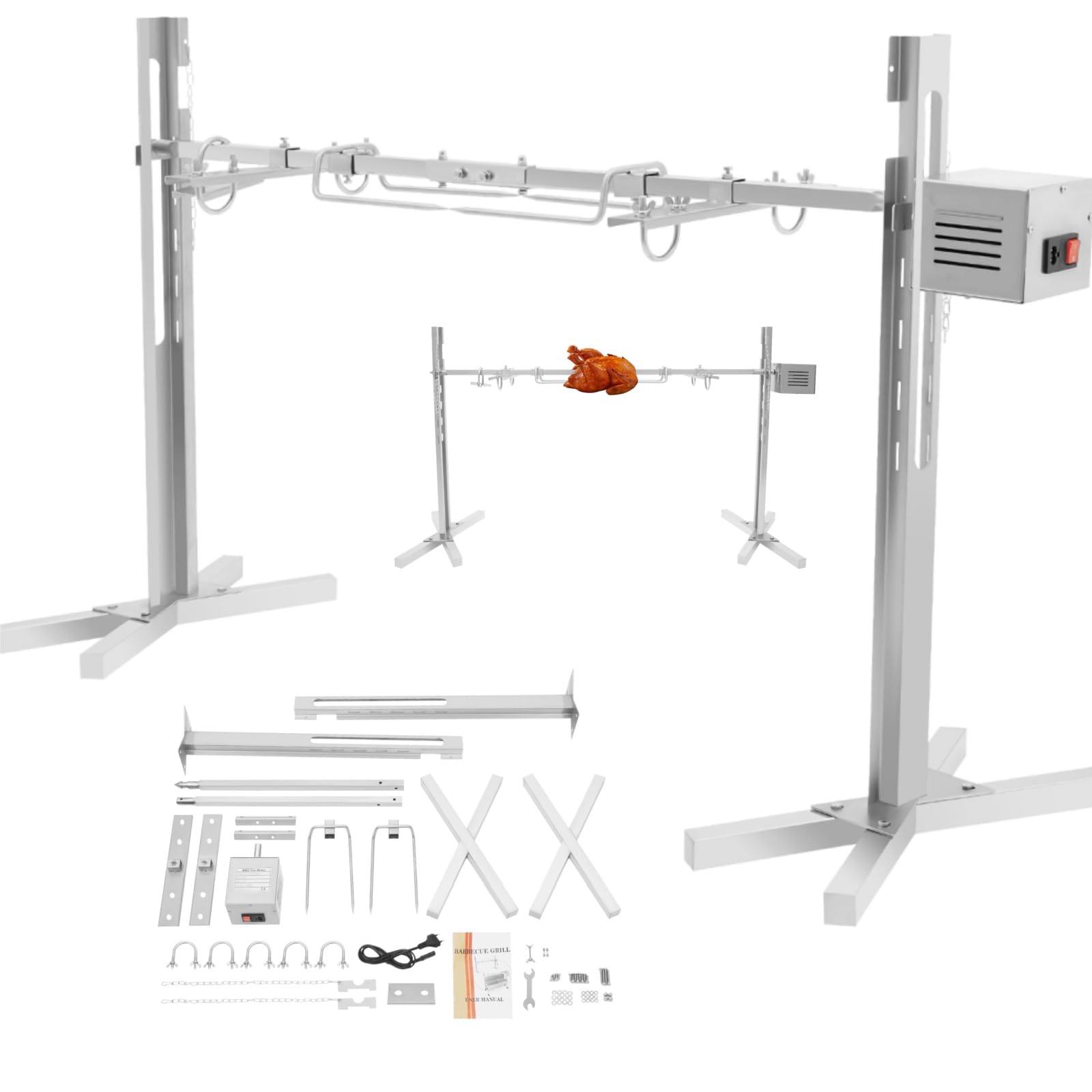 spiedo elettrico da 40 kg | Griglia per maiale allo spiedo in acciaio inox, griglia per agnello, griglia BBQ con spiedo girevole regolabile in altezza su 5 livelli | Griglia per spiedo da
