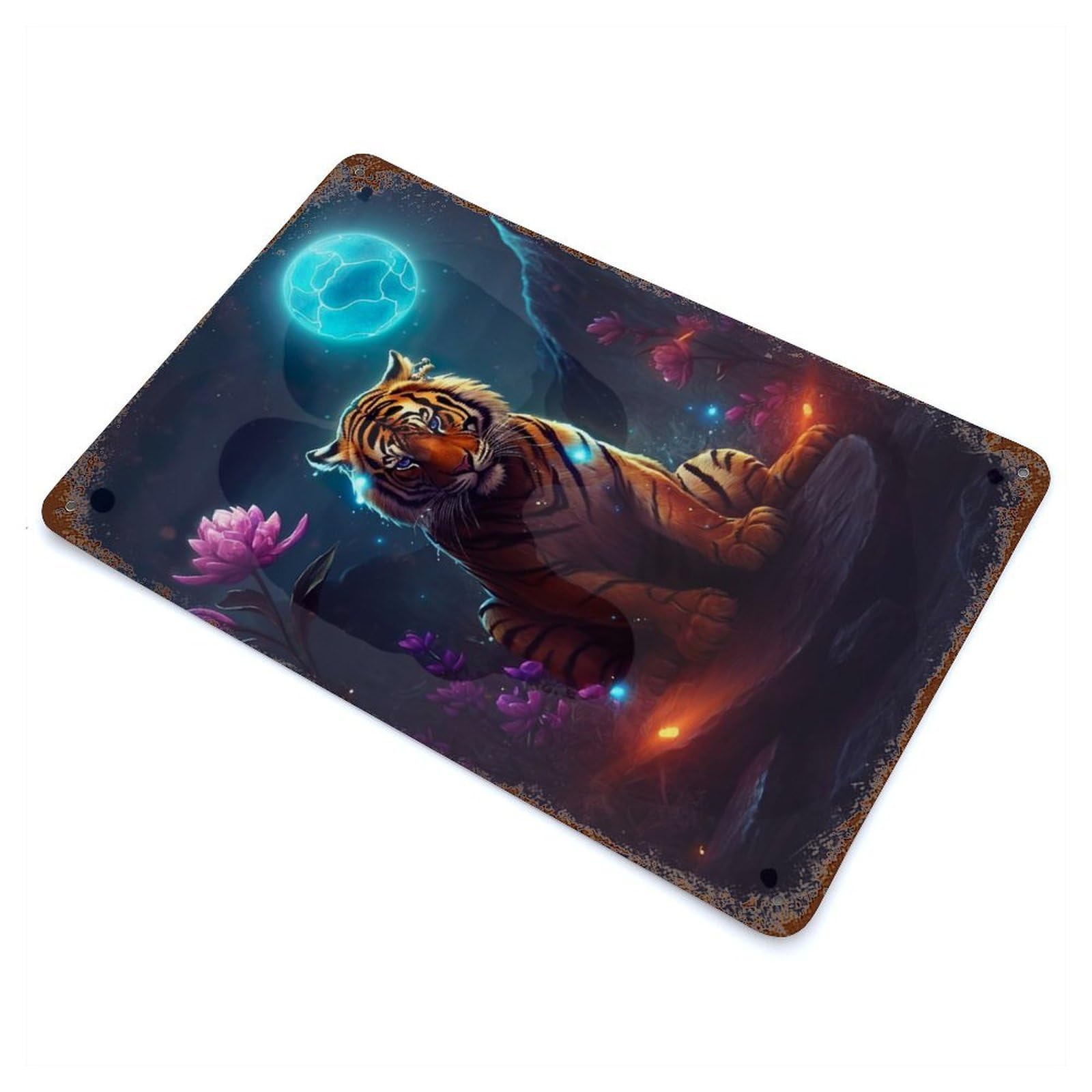 Mystical Tiger on Mars 11.8"x7.9" Aged Metal Wall Plaque, Retro Wall Decor for Farmhouse, Kitchen And Entryway Decor