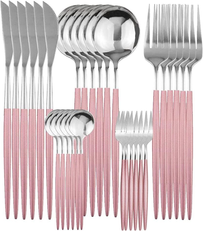 Gugrida 30 Pic Stainless Steel Flatware Sets, Kitchen Utensil Set Service for 6, Tableware sets Include Knife Fork Spoon Dishwasher for SafeService (Pink Silver, 30 Piece)