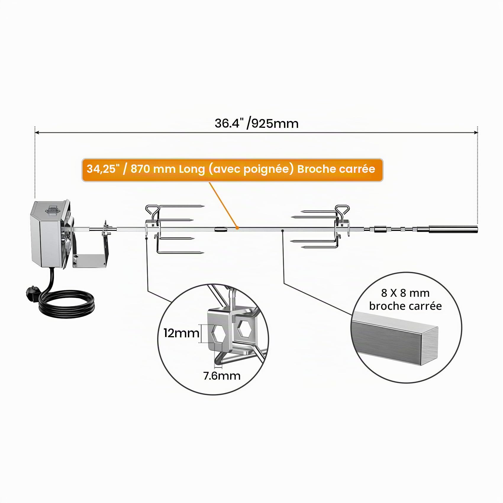 Onlyfire BRK-6045 INOX Grill Rotisserie tournebroche Kit s’adapte pour Weber Spirit 200/300 & Spirit II Serie 200/300 Gasgrills