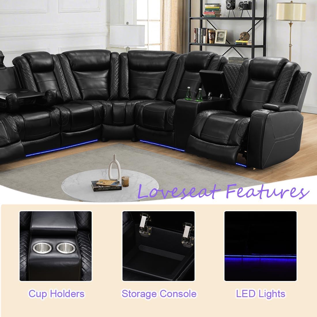 Power Reclining Sectional Sofa with Chair, Electric Recliner Sectional Sofa, Black Leather Power Recliner Couch, High-Density Rebound Sponge, Read Lights, USB Type C Charging for Living Room