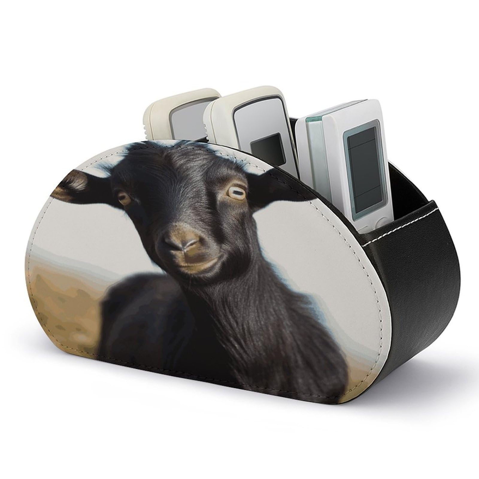 FekiLoot Cute Black Goat Animal TV Remote Control Holder with 5 Compartments Multi-functional Leather Bedside Table Remote Caddy Desktop Storage Box for Store Pen Controller Media Player Cosmetic