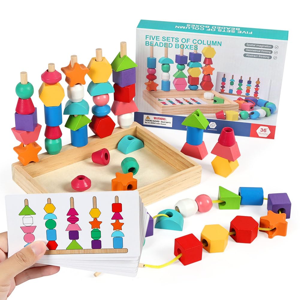 Ainiv Montessori Toys for 3 Year Old, Wooden Beads Toys for Toddlers 3+, Sequencing & Stacking Stacking Toys with Storage Box, Stem Preschool Learning Montessori Toys Gifts for Kids Boy Girl