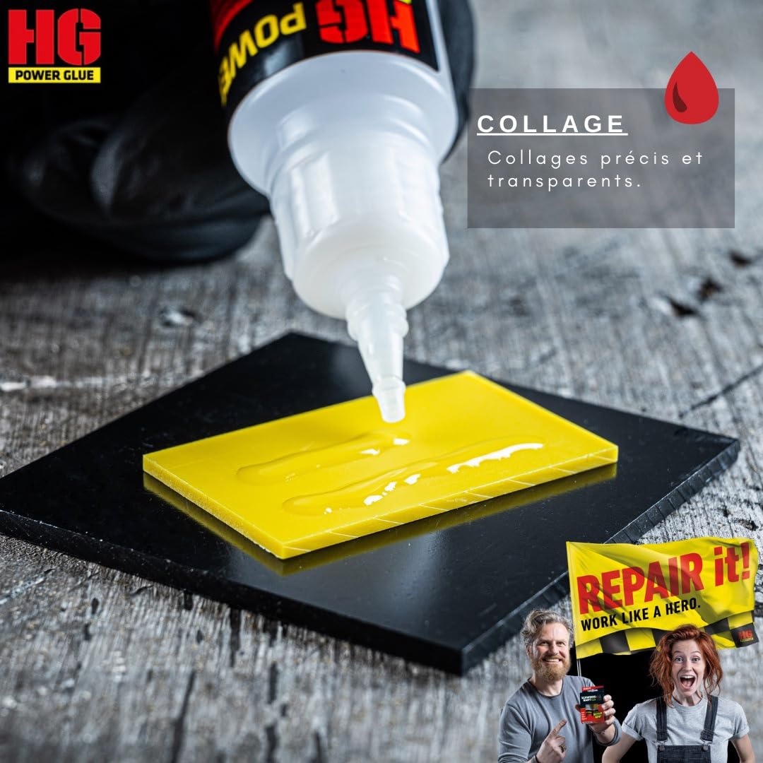 HG POWER GLUE REGULAR super glue extra forte - colle pour plastique caoutchouc pierre céramique verre bois - résistant à l'eau, à la chaleur et à séchage rapide 2x20g colle + 3x40g granulés
