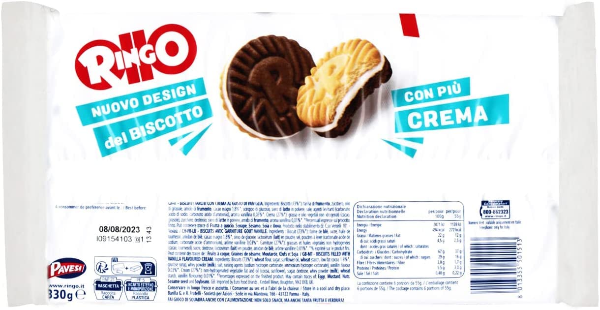 Pavesi Ringo - Galletas de cacao, 12 unidades, 330 g, paquete familiar + Polpa gourmet italiano, 400 g