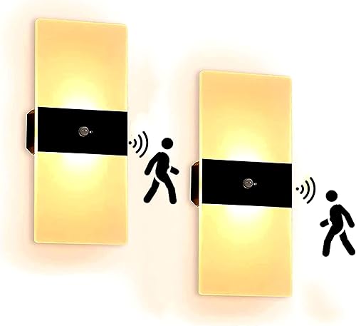 FelRelWel Apliques de pared con control de sensor, 2 lámparas de pared LED acrílicas para sala de estar, pasillo, patio, jardín, batería USB