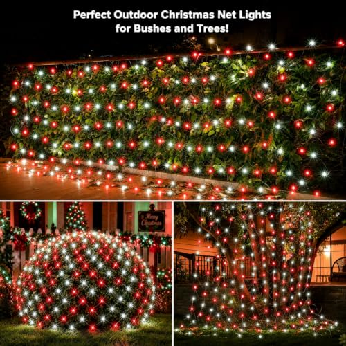 Image of Led Net Lights Christmas Lights Outdoor 200Led 9ftx6ft Upgraded Red and White Christmas Net Lighting, Waterproof 5mm LED Wide Angle Outdoor Indoor Mesh Net Light for Tree, Bushes, Shrubs Decorations